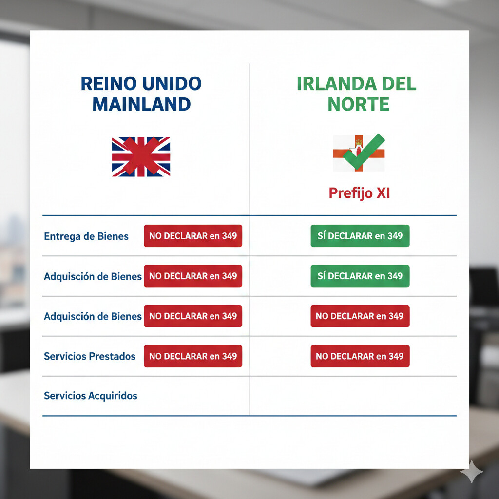 Tabla comparativa detallada sobre cómo declarar operaciones con Reino Unido mainland versus Irlanda del Norte en el Modelo 349 post-Brexit