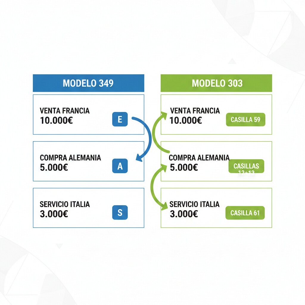 Tabla comparativa detallada mostrando cómo los mismos importes de facturas intracomunitarias aparecen en diferentes casillas del Modelo 349 y Modelo 303