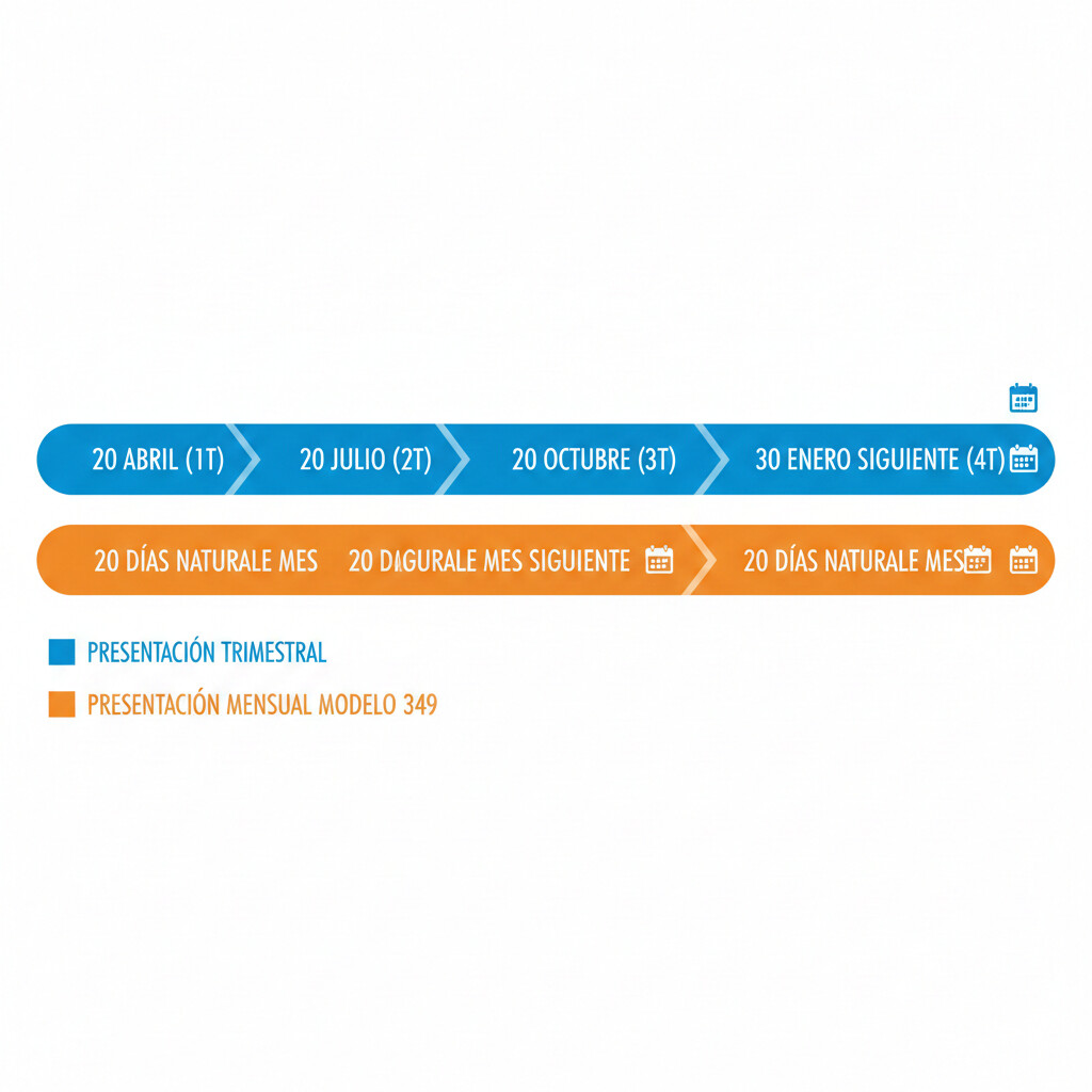 Timeline visual mostrando plazos de presentación trimestral y mensual del Modelo 349 con fechas clave destacadas