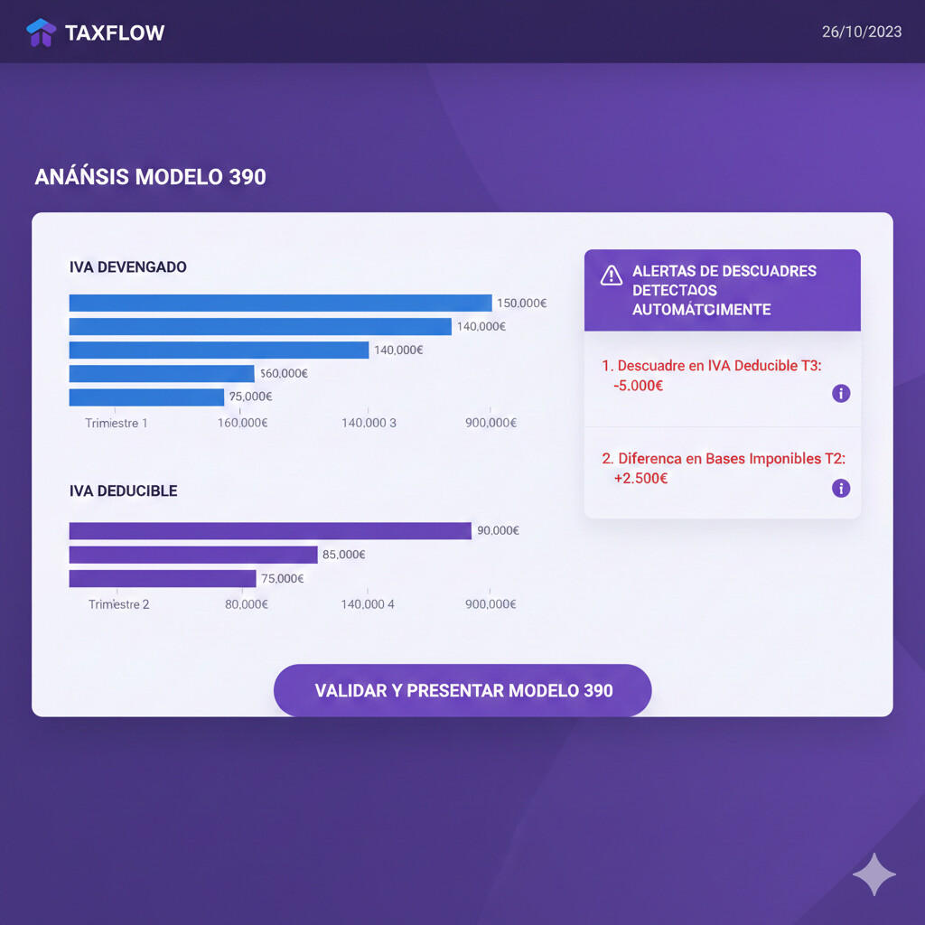 Dashboard COPILOT GESTORIA para gestión modelo 390 con alertas de descuadres y progreso en tiempo real