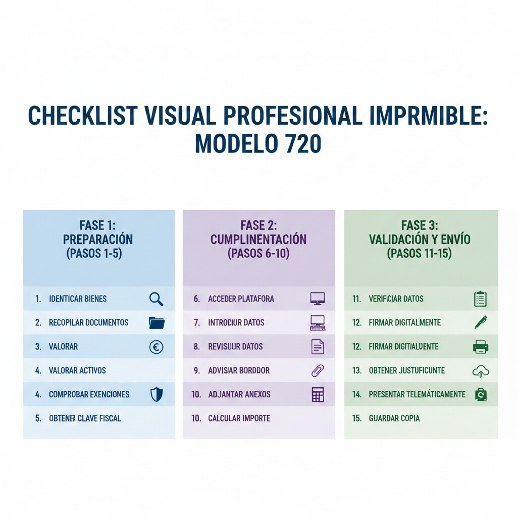 Checklist visual completo de 15 pasos para presentar el Modelo 720: preparación, cumplimentación, validación y envío telemático AEAT