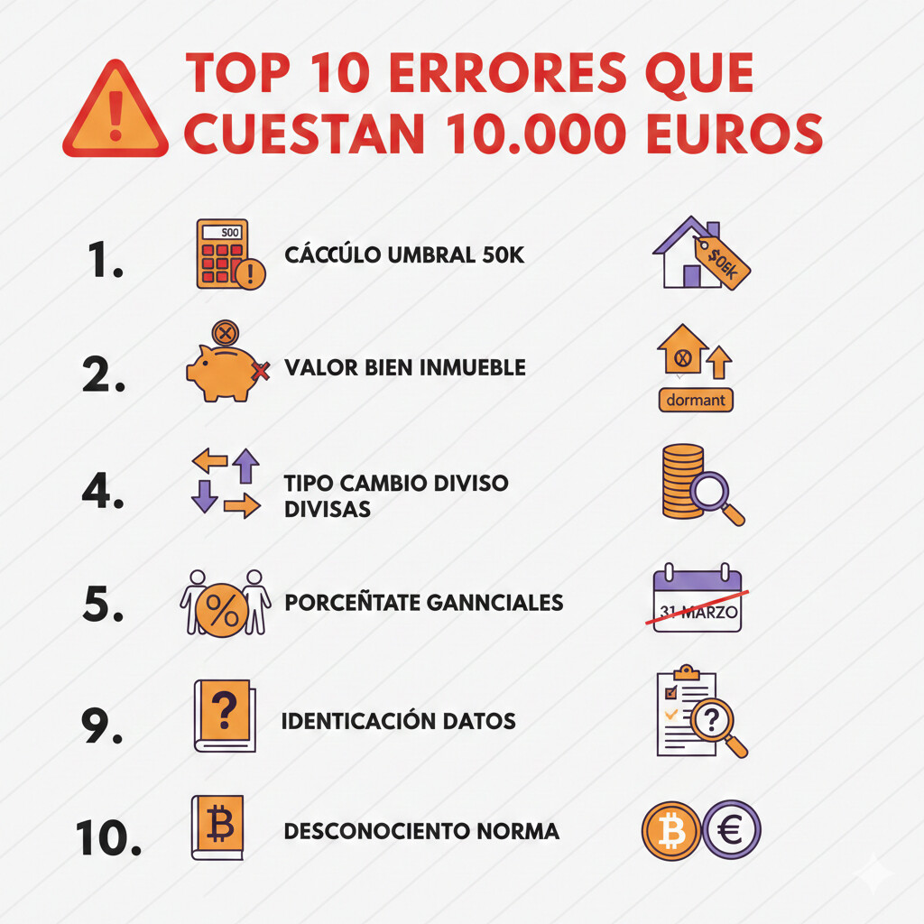 Infografía con los 10 errores más costosos del Modelo 720: cálculo umbral incorrecto, valoración inmuebles, cuentas inactivas, tipo cambio, confusión con Modelo 721