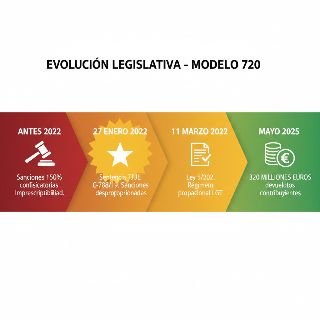 Línea temporal de la reforma del Modelo 720: Sentencia TJUE 27 enero 2022, Ley 5/2022 del 11 marzo, devolución de 320 millones de euros a contribuyentes