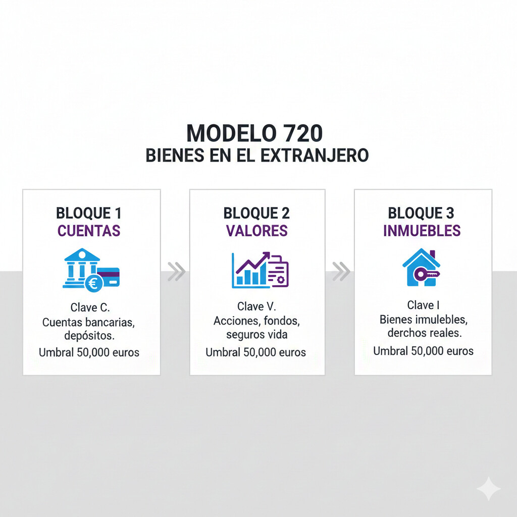 Infografía de los 3 bloques independientes del Modelo 720: Cuentas (Clave C), Valores (Clave V) e Inmuebles (Clave I), cada uno con umbral de 50.000€