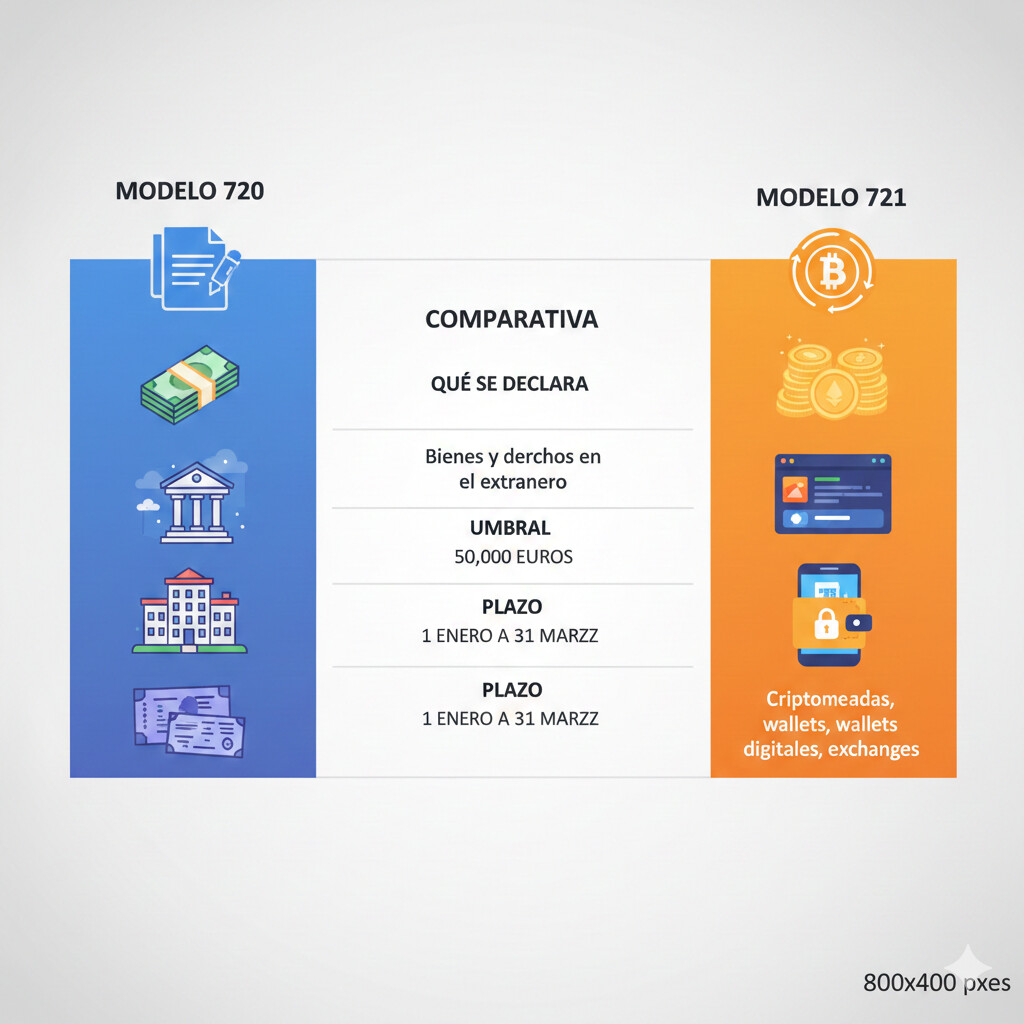 Tabla comparativa visual Modelo 720 vs Modelo 721: bienes tradicionales en extranjero vs criptomonedas, umbrales, plazos, ejemplos prácticos