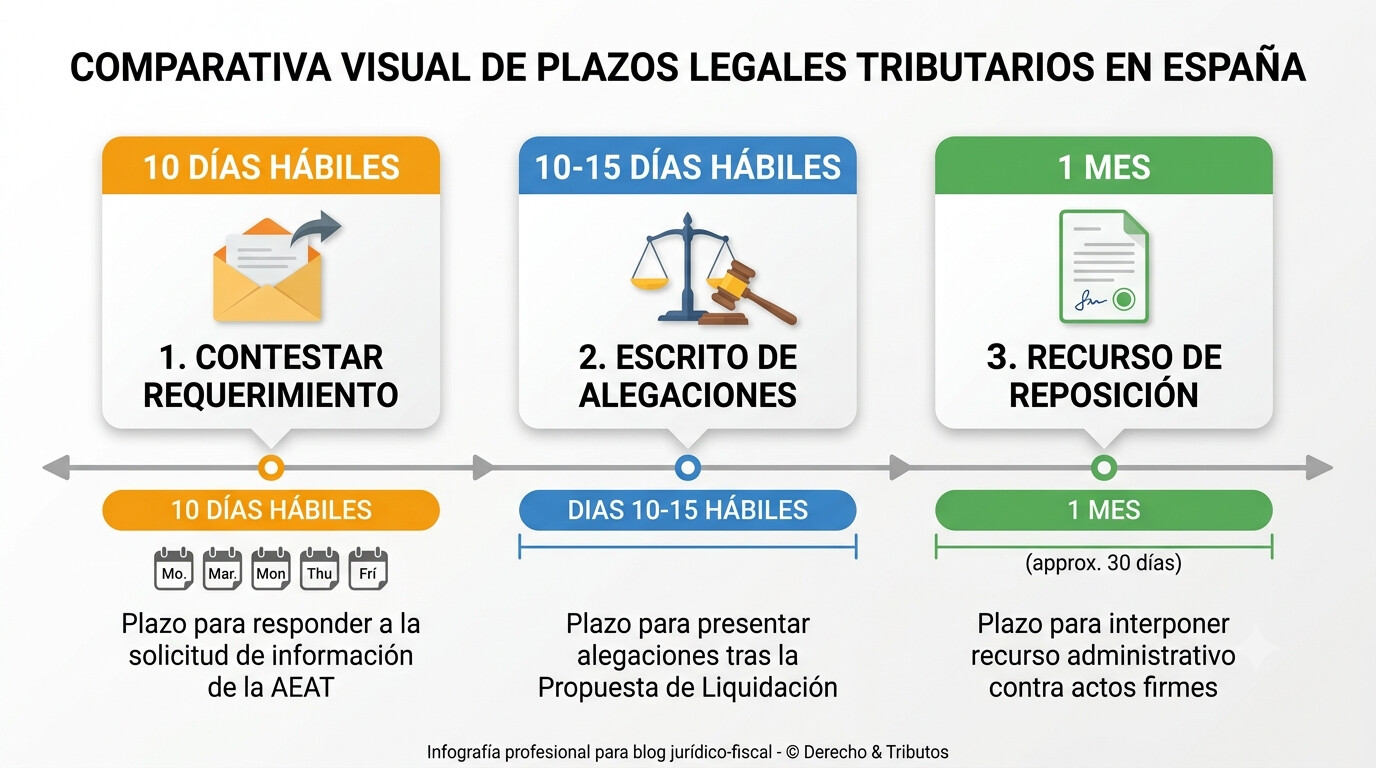 Infografía comparativa de los plazos legales de contestación, alegaciones y recurso de reposición ante la AEAT según la LGT