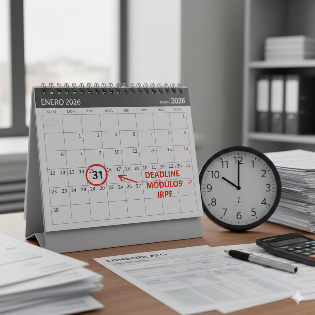 Calendario marcando el 31 de enero de 2026 como fecha límite para renunciar a módulos IRPF con reloj de cuenta regresiva