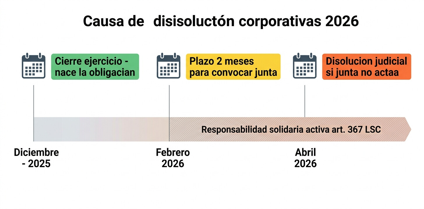 Calendario visual de plazos 2026 para causa de disolución por pérdidas: desde el cierre del ejercicio 31 diciembre 2025 hasta los dos meses de responsabilidad del administrador art. 367 LSC