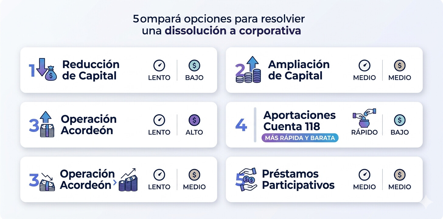Tabla comparativa de las cinco soluciones para evitar la disolución societaria por pérdidas: reducción capital, ampliación capital, operación acordeón, cuenta 118 y préstamos participativos con análisis de coste y tiempo