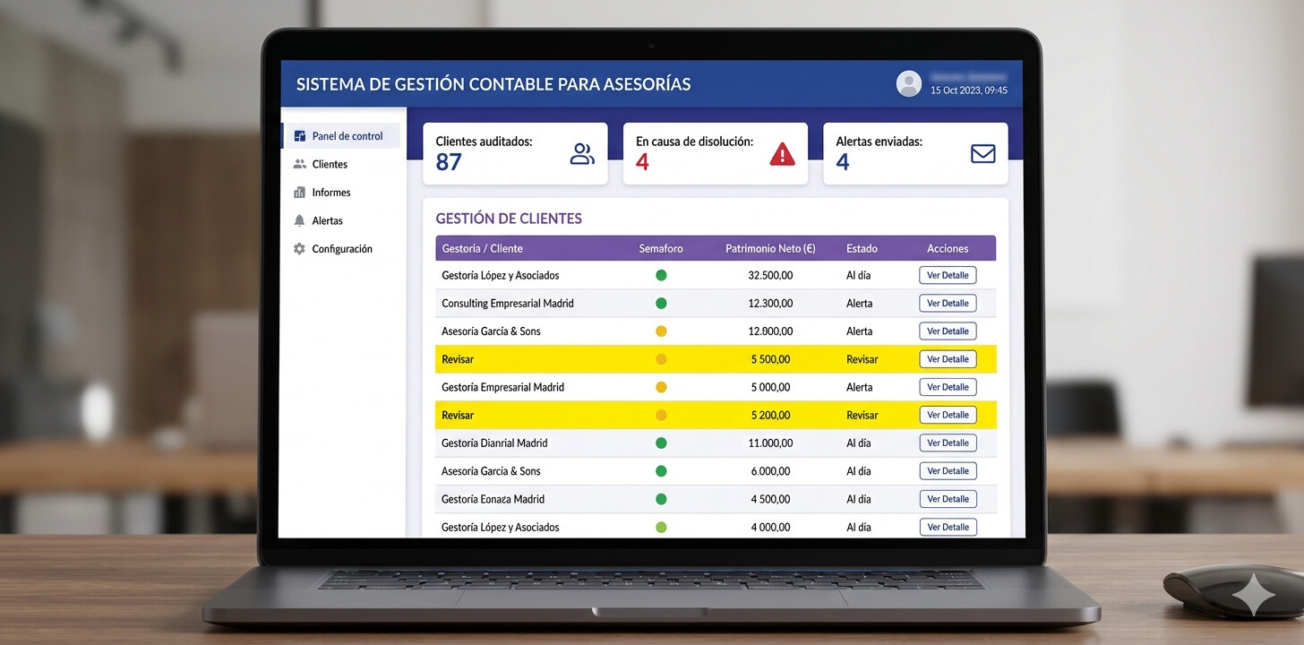Dashboard de COPILOT GESTORIA mostrando alertas automáticas de clientes con posible causa de disolución por pérdidas, indicadores de patrimonio neto y lista priorizada de acciones urgentes