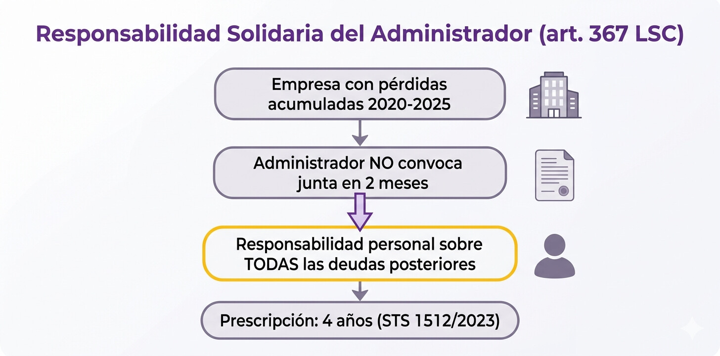 Diagrama explicativo de la responsabilidad solidaria del administrador por deudas sociales según el art. 367 LSC cuando no actúa ante la causa de disolución por pérdidas