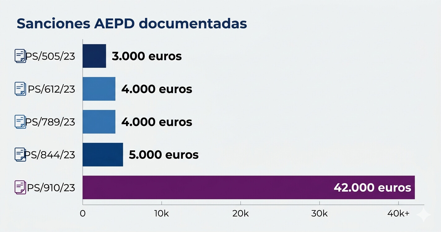 Gráfico de barras con las cinco multas AEPD más relevantes para asesorías y gestorías, desde 2.000 euros hasta 42.000 euros