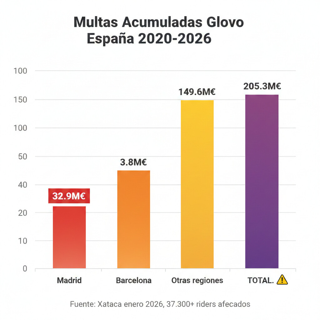 Gráfico de barras mostrando las multas acumuladas por Glovo en España por región: Madrid 32.9M€, Barcelona 3.8M€, otras regiones 149.6M€, total 205.3 millones de euros por falsos autónomos