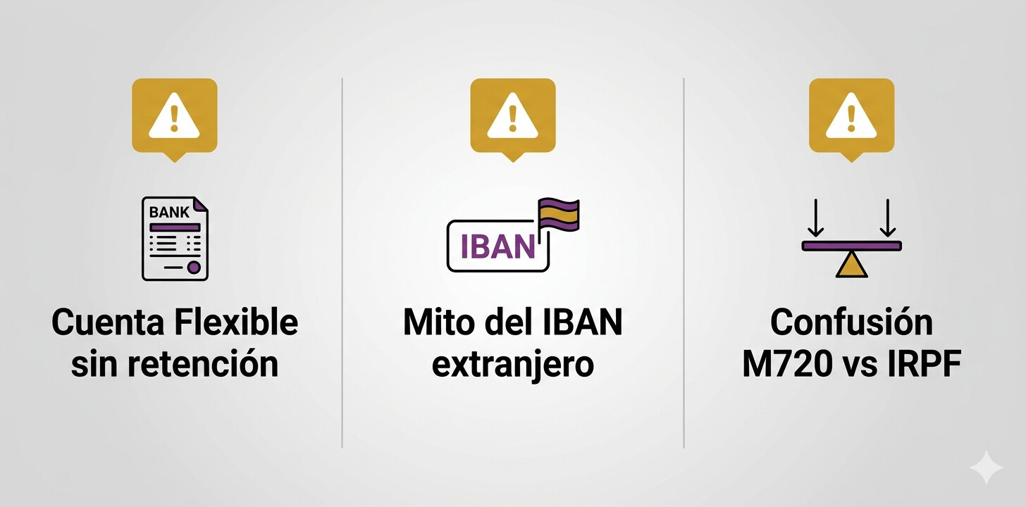 Los tres errores más frecuentes de contribuyentes con neobancos ante Hacienda en 2026: Cuenta Flexible sin retención, mito del IBAN extranjero y confusión entre Modelo 720 e IRPF