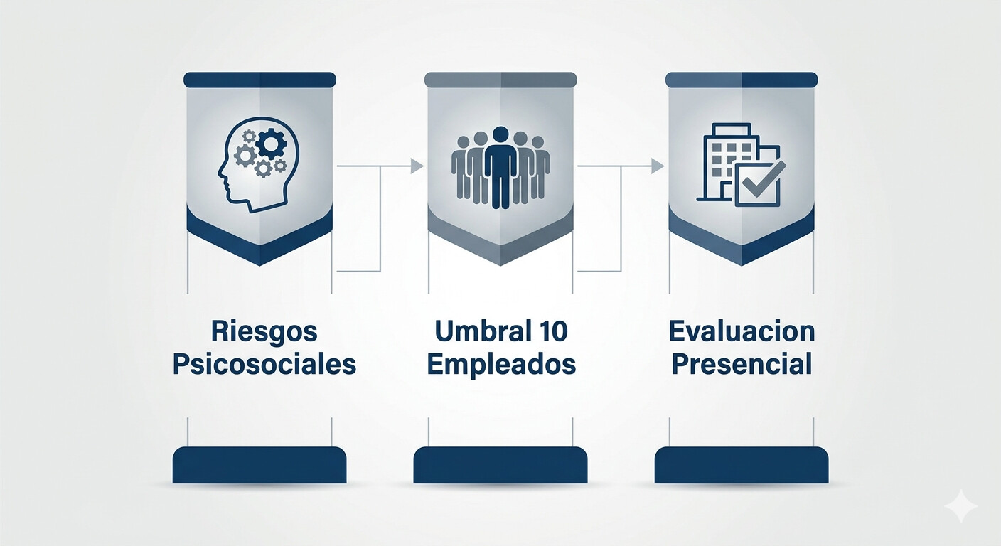 Diagrama de los tres pilares de la reforma PRL 2027: riesgos psicosociales, umbral 10 empleados y evaluación presencial