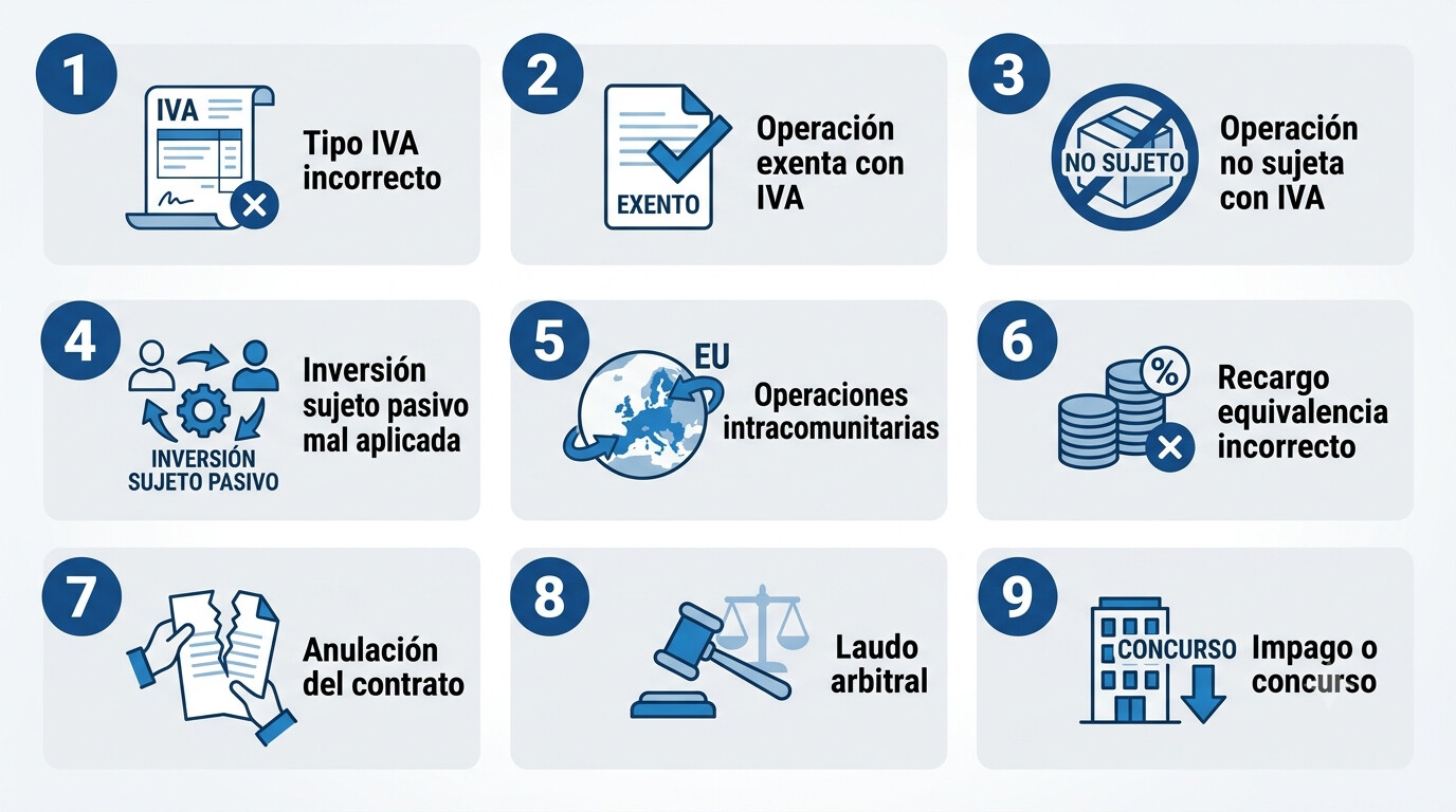 Infografía con los 9 casos más frecuentes de IVA indebidamente repercutido en gestorías españolas: tipo incorrecto, exenciones, inversión sujeto pasivo, operaciones intracomunitarias