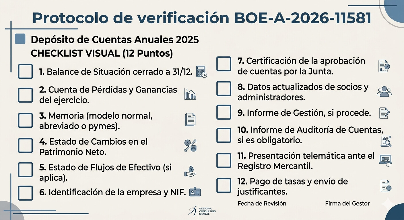 Checklist visual de 12 puntos para el depósito de cuentas anuales 2025 con los nuevos modelos BOE-A-2026-11581, para gestorías