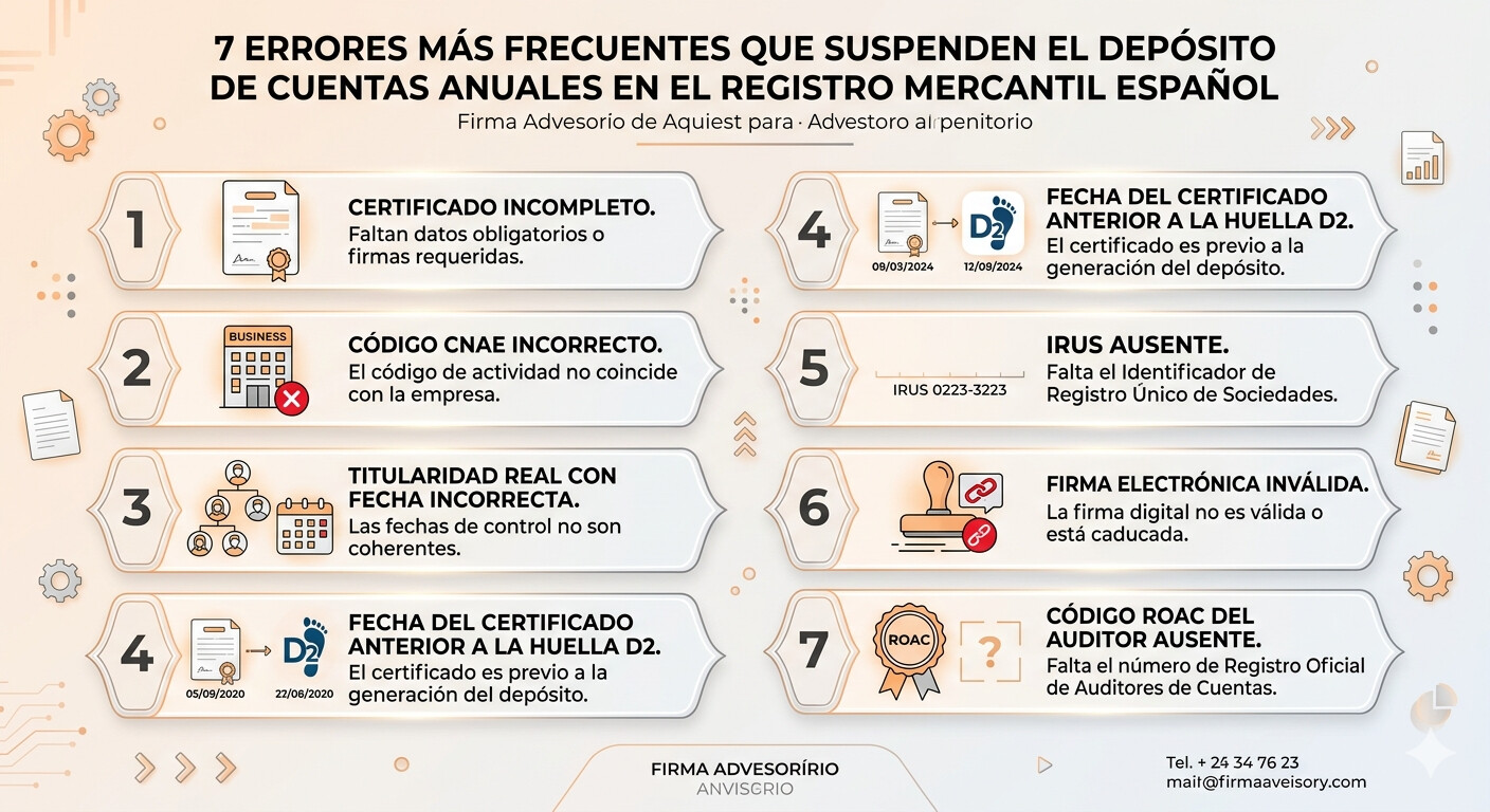 Infografía con los 7 errores más frecuentes que suspenden el depósito de cuentas anuales en el Registro Mercantil en 2026