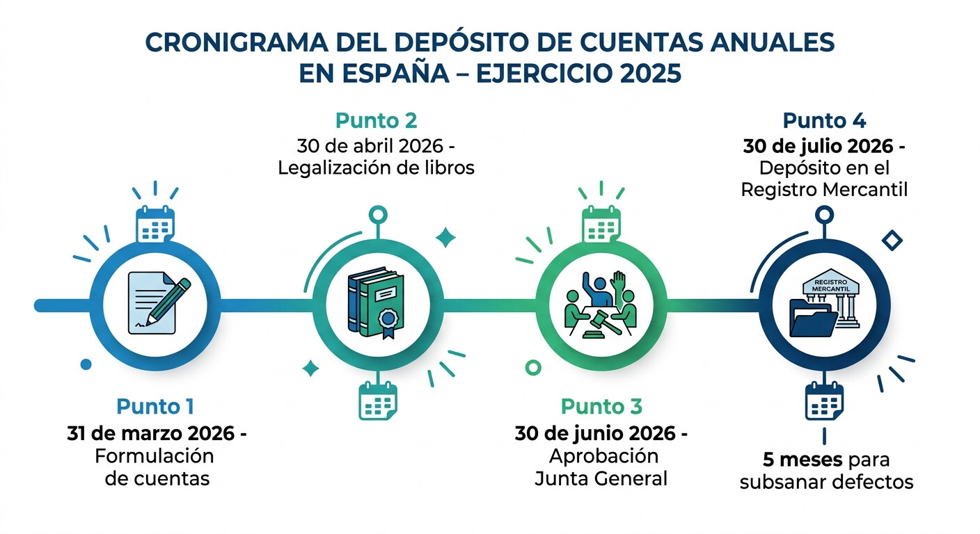 Timeline visual con los plazos del depósito de cuentas anuales 2026: 31 marzo formulación, 30 junio aprobación Junta, 30 julio depósito Registro Mercantil