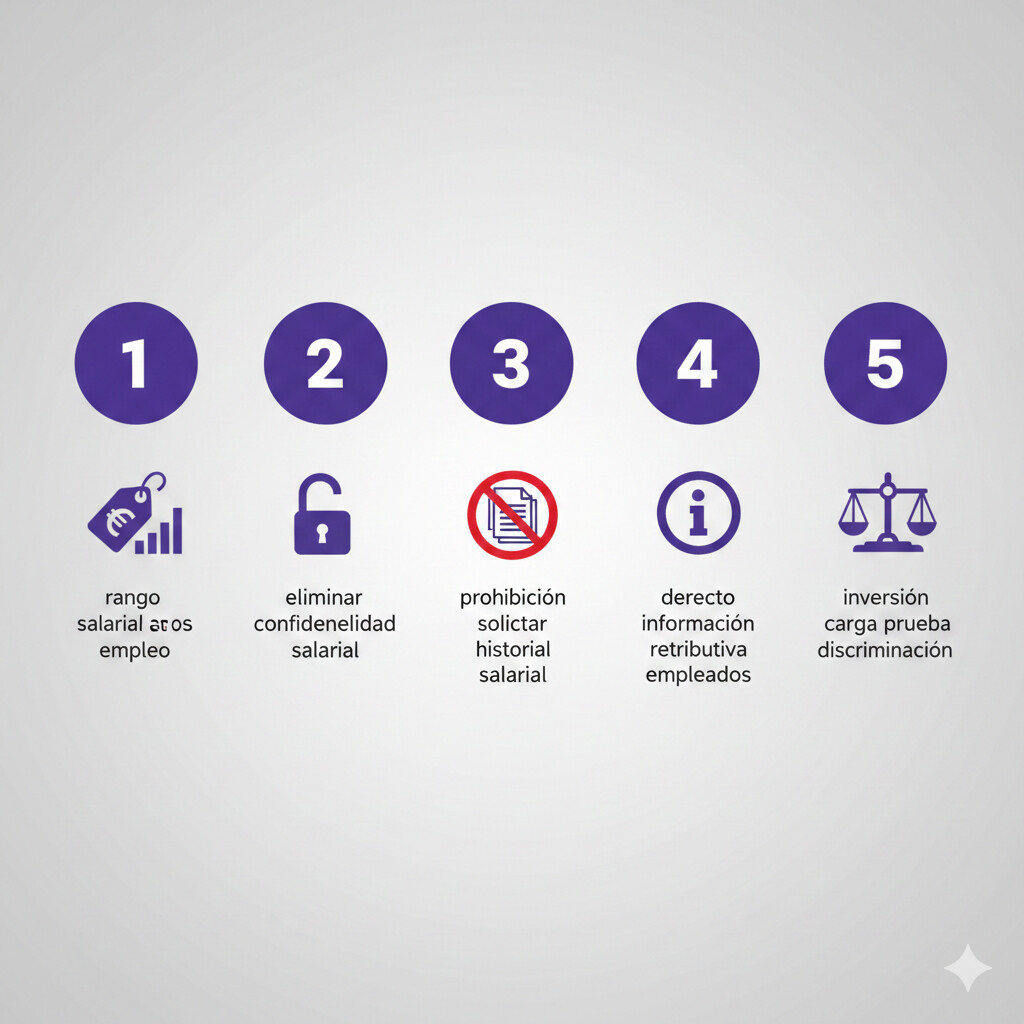 Infografía 5 obligaciones críticas Directiva UE 2023/970: publicar rango salarial ofertas empleo, eliminar confidencialidad salarial, prohibido historial retributivo candidatos, derecho información retributiva, inversión carga prueba discriminación