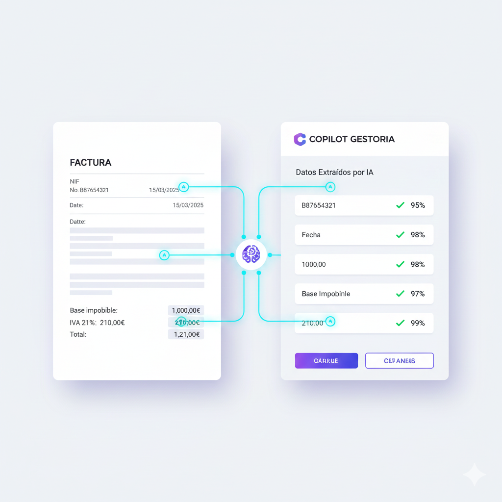 Pantalla dividida mostrando factura española PDF a la izquierda y software IA extrayendo automáticamente campos NIF, base imponible e IVA con líneas de conexión iluminadas