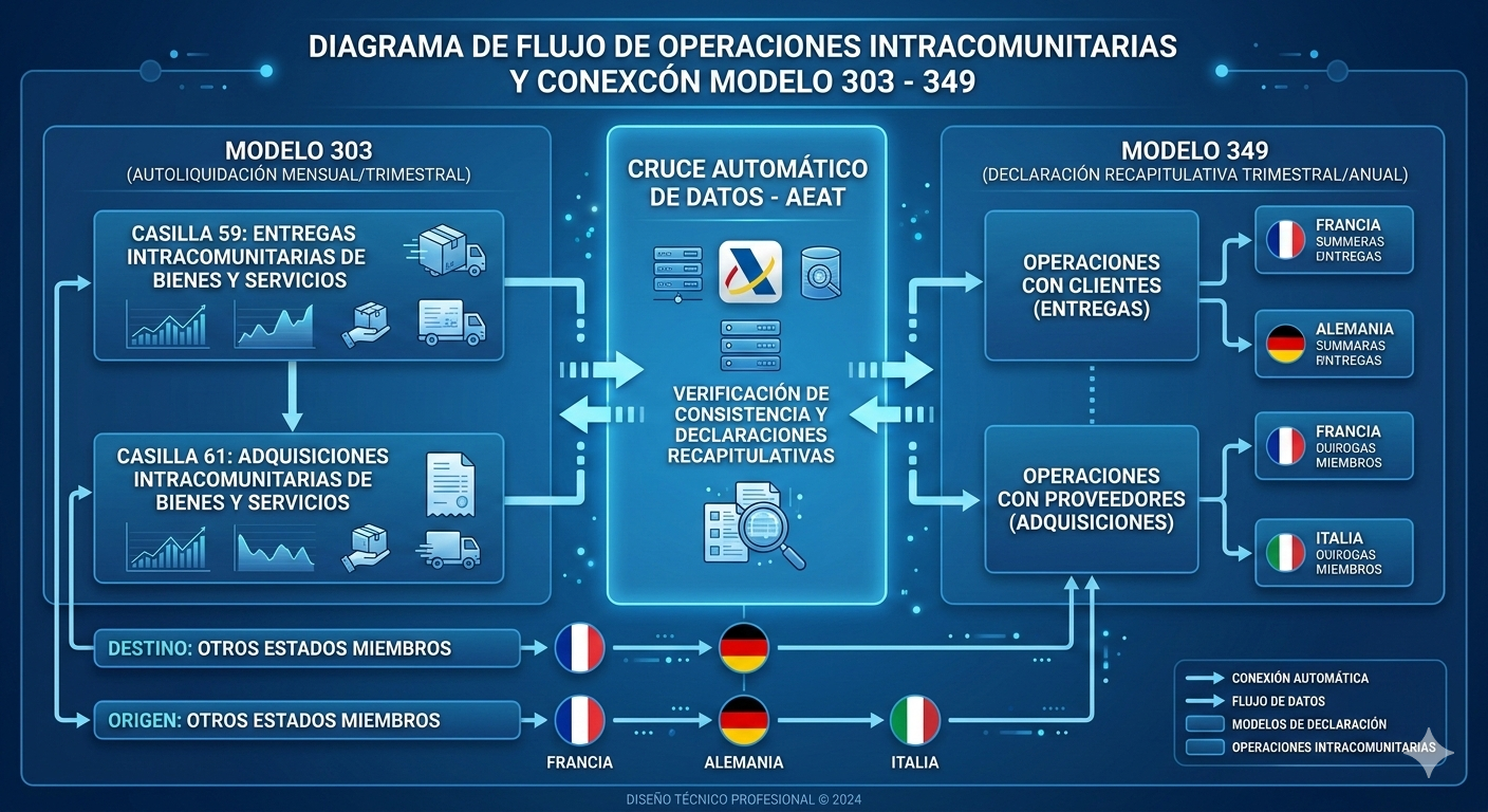 Diagrama flujo operaciones intracomunitarias mostrando conexión entre Modelo 303 casillas 59-61 y Modelo 349 declaración trimestral, flechas indicando cruce automático AEAT, diseño infográfico profesional