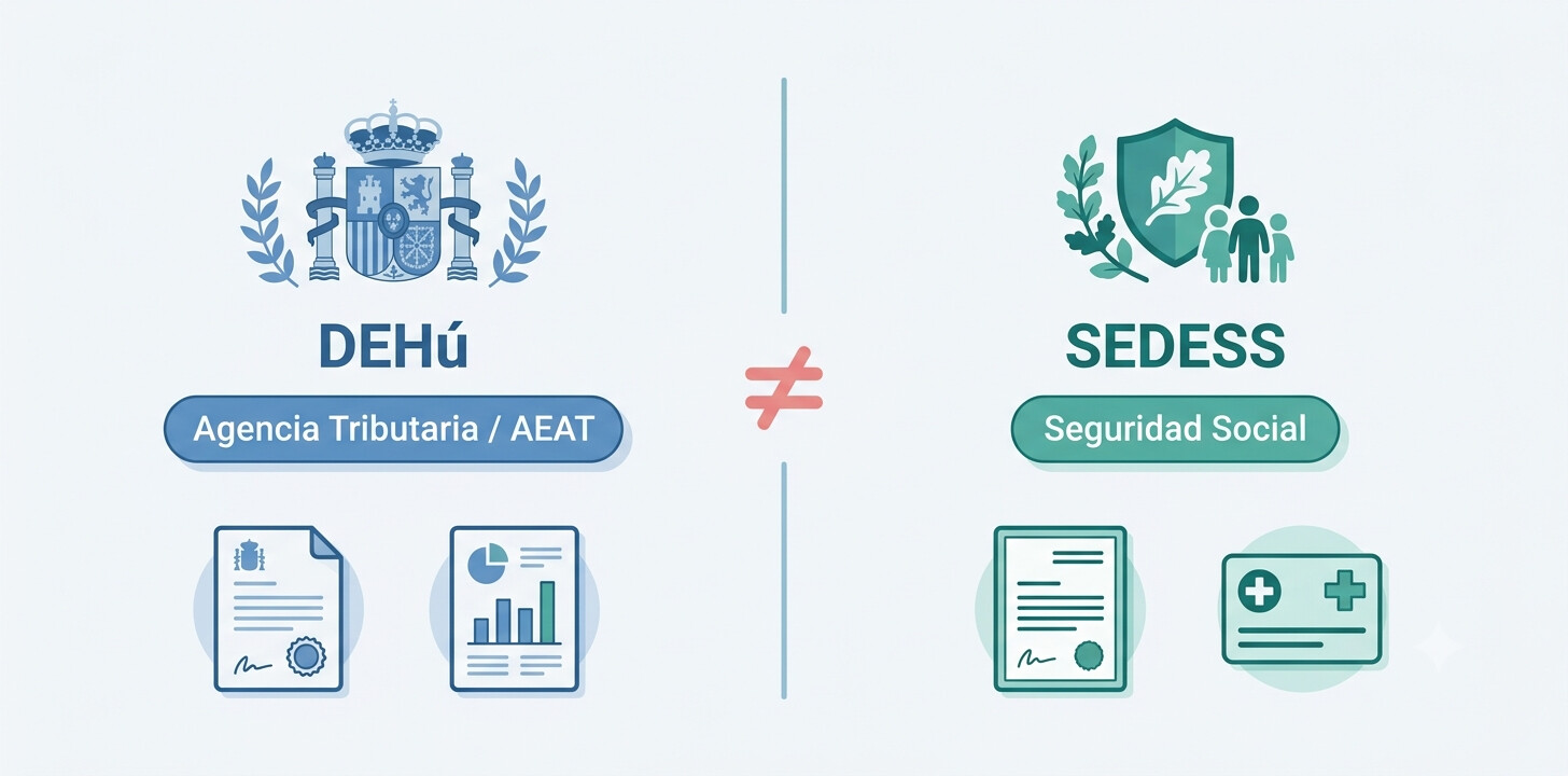 Comparativa visual entre DEHú (AEAT) y SEDESS (Seguridad Social): dos sistemas de notificación independientes que requieren apoderamientos separados para gestorías