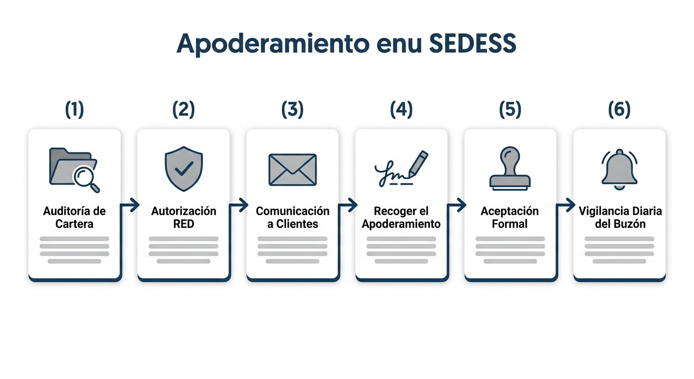 Diagrama del protocolo de 6 pasos para apoderamiento masivo en SEDESS: desde la auditoría de cartera hasta la vigilancia diaria del buzón de notificaciones de la Seguridad Social