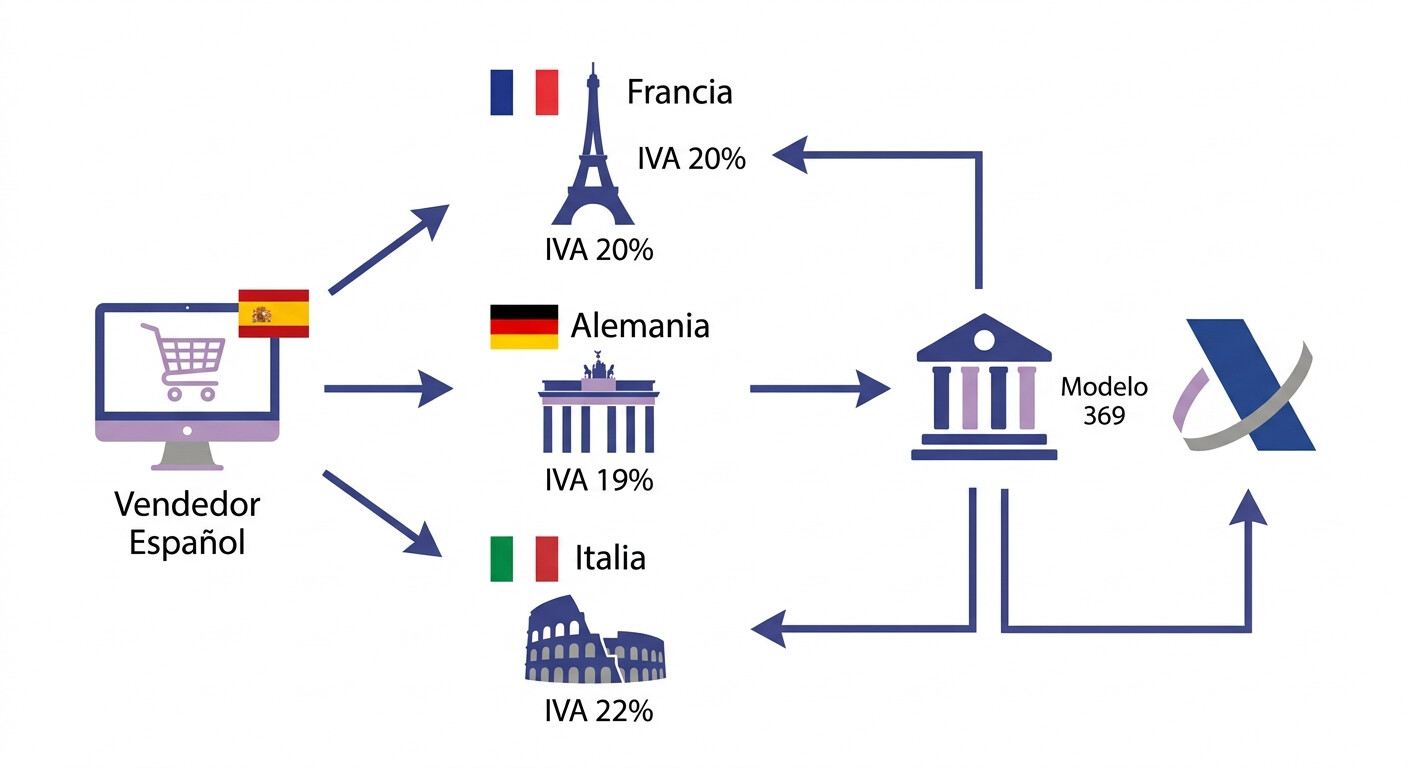 Diagrama flujo OSS: vendedor español vende a consumidores de Francia Alemania Italia y declara mediante Modelo 369 ante la AEAT