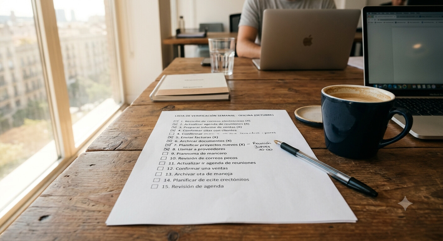 Checklist impreso sobre mesa de despacho para verificar requisitos de bonificación a la contratación antes de aplicarla