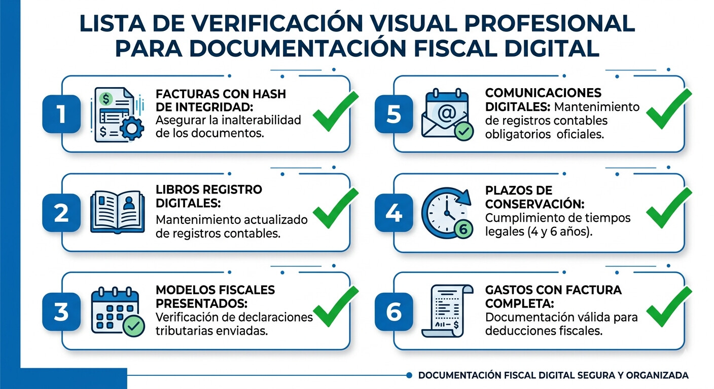 Lista de verificación documentación digital para inspección AEAT 2026: facturas electrónicas, libros registro, modelos fiscales, plazos conservación