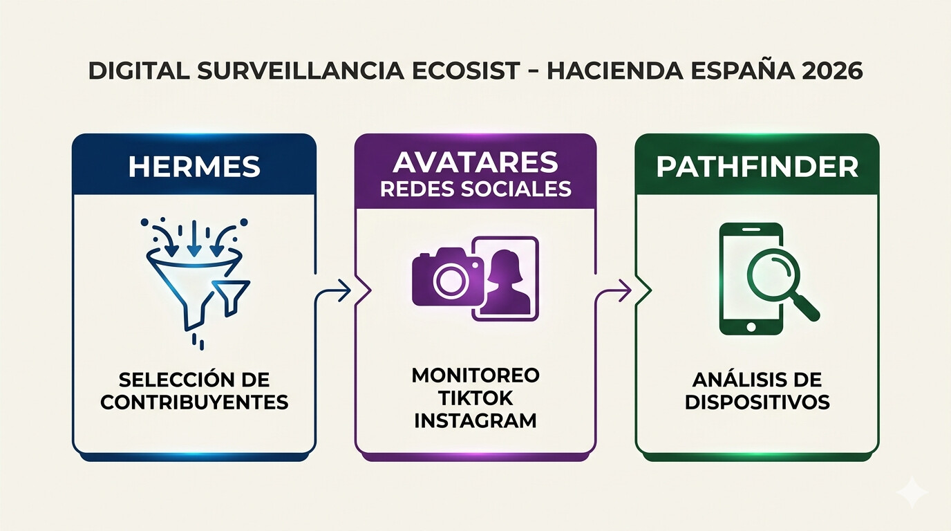 Ecosistema vigilancia digital AEAT 2026: HERMES selección predictiva, Cipherbit avatares redes sociales y Pathfinder análisis forense dispositivos