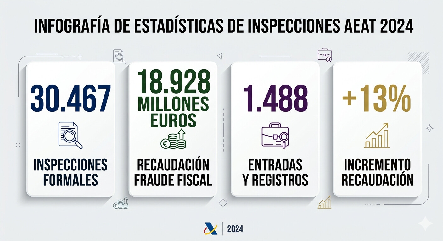 Estadísticas inspecciones AEAT 2024: 30.467 inspecciones formales, 18.928 millones euros recaudados, 1.488 entradas y registros