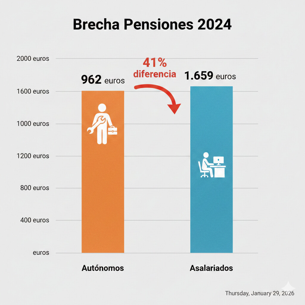 Gráfico de barras comparando pensión media autónomos 962€ vs asalariados 1659€ con diferencia del 41% destacada