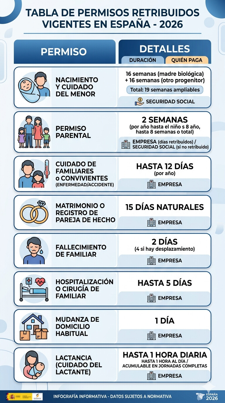Tabla maestra completa de todos los permisos retribuidos vigentes en España 2026 - días y quién paga