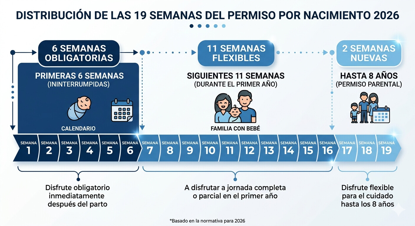 Esquema distribución 19 semanas permiso nacimiento 2026 - 6 obligatorias, 11 flexibles, 2 hasta 8 años