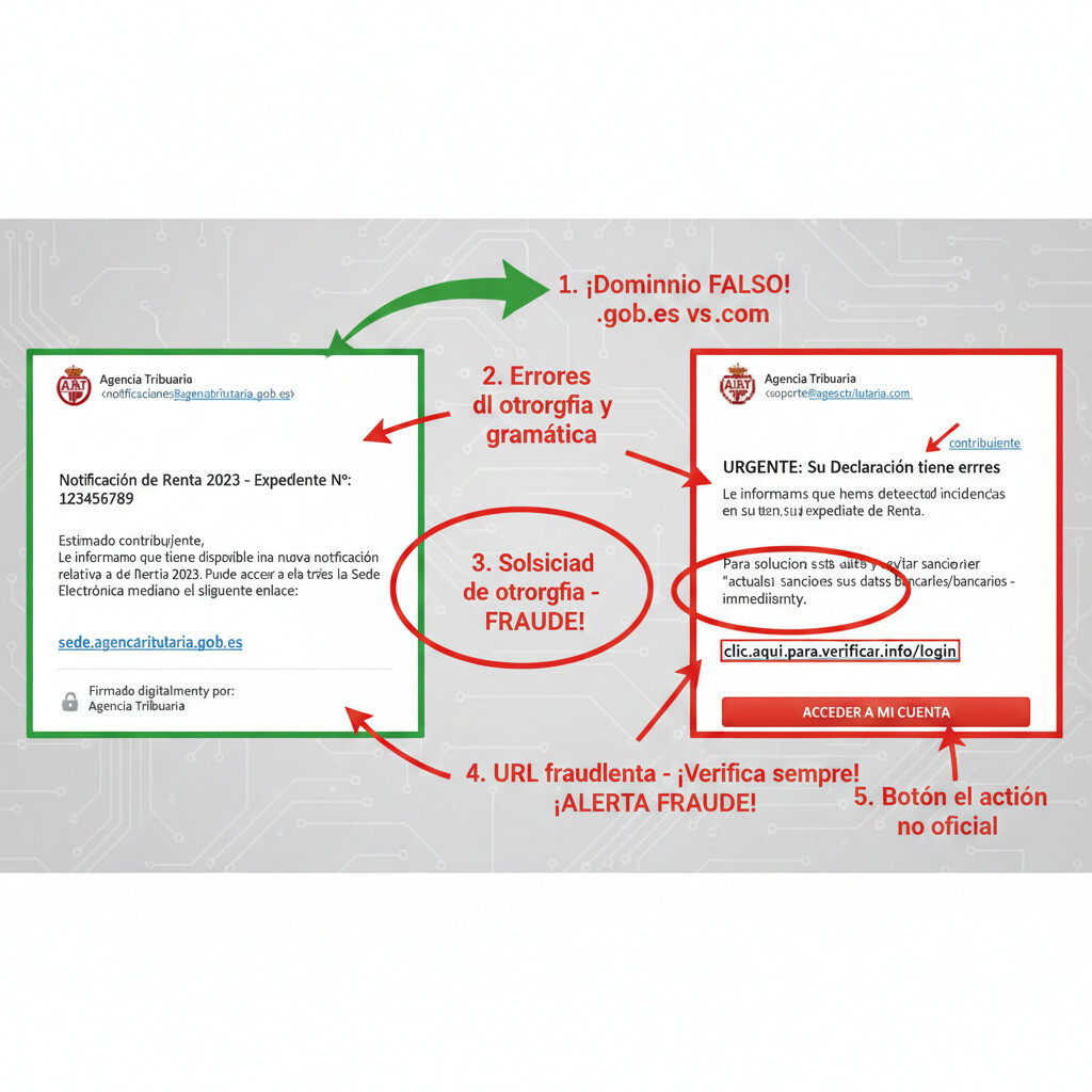 Comparativa lado a lado de email legítimo de AEAT versus email de phishing fraudulento, con flechas señalando diferencias clave: dominio falso, errores ortográficos, solicitud datos bancarios, y URL sospechosa, estilo guía educativa profesional