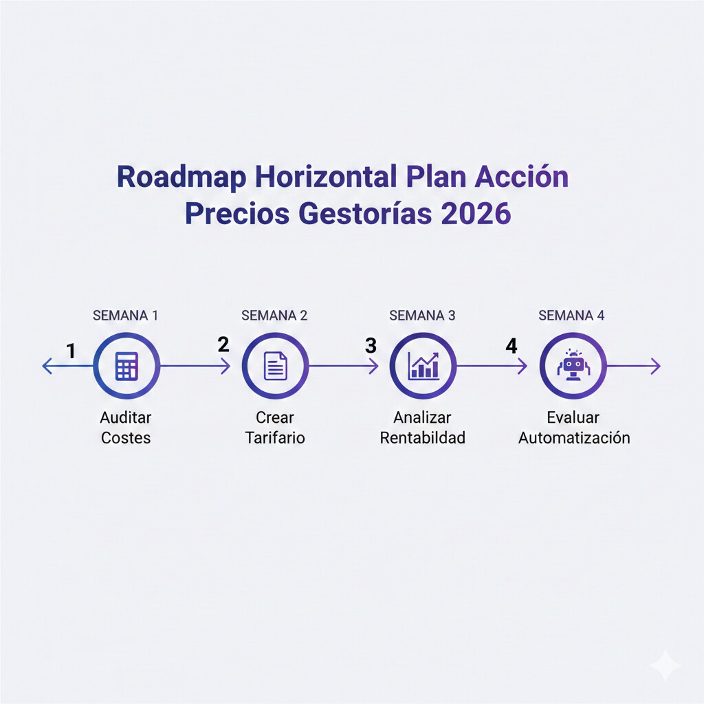 Roadmap visual plan acción pricing gestorías 2026: paso 1 calcular costes reales, paso 2 definir tarifario, paso 3 comunicar valor, paso 4 revisar anualmente, paso 5 automatizar para escalar, timeline flechas horizontal diseño profesional