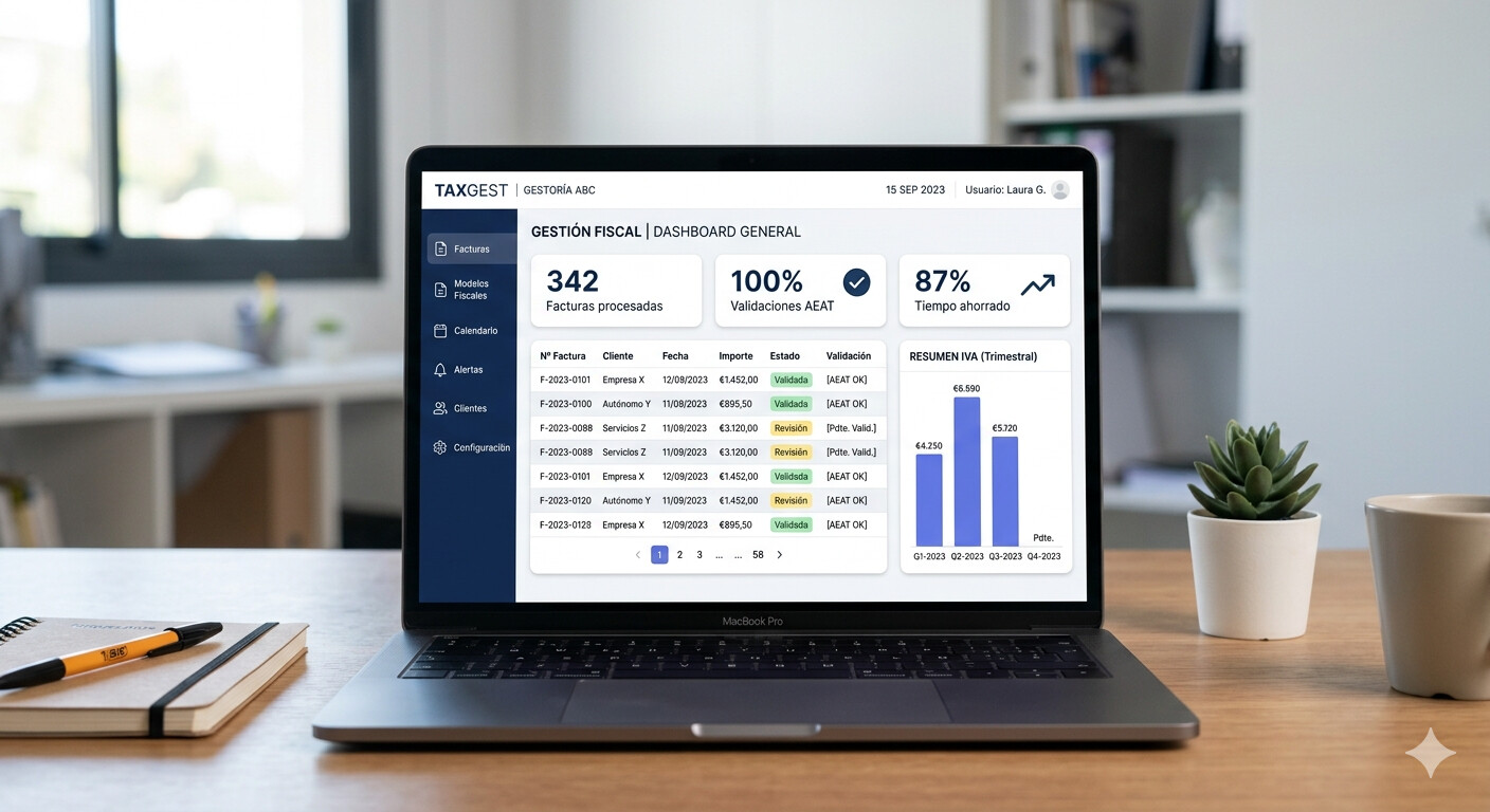 Dashboard de COPILOT GESTORIA mostrando el estado de compliance tributario con facturas procesadas, validaciones automáticas de NIF, alertas de vencimientos y generación del Modelo 303