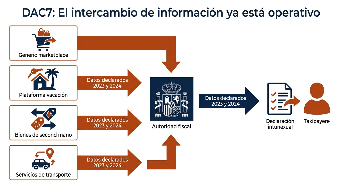 Diagrama DAC7 2026 mostrando el flujo de información de plataformas digitales (Airbnb, Amazon, Vinted) hacia la AEAT para cruce con declaraciones fiscales de contribuyentes