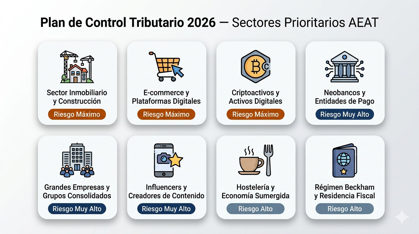 Mapa de riesgo fiscal 2026 con los 8 sectores prioritarios de Hacienda clasificados por nivel: Máximo, Muy Alto y Alto