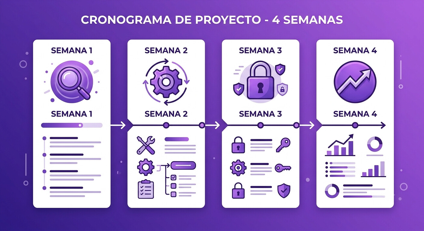 Cronograma visual de 4 semanas del plan de formación en IA para despachos de gestoría de menos de 10 empleados