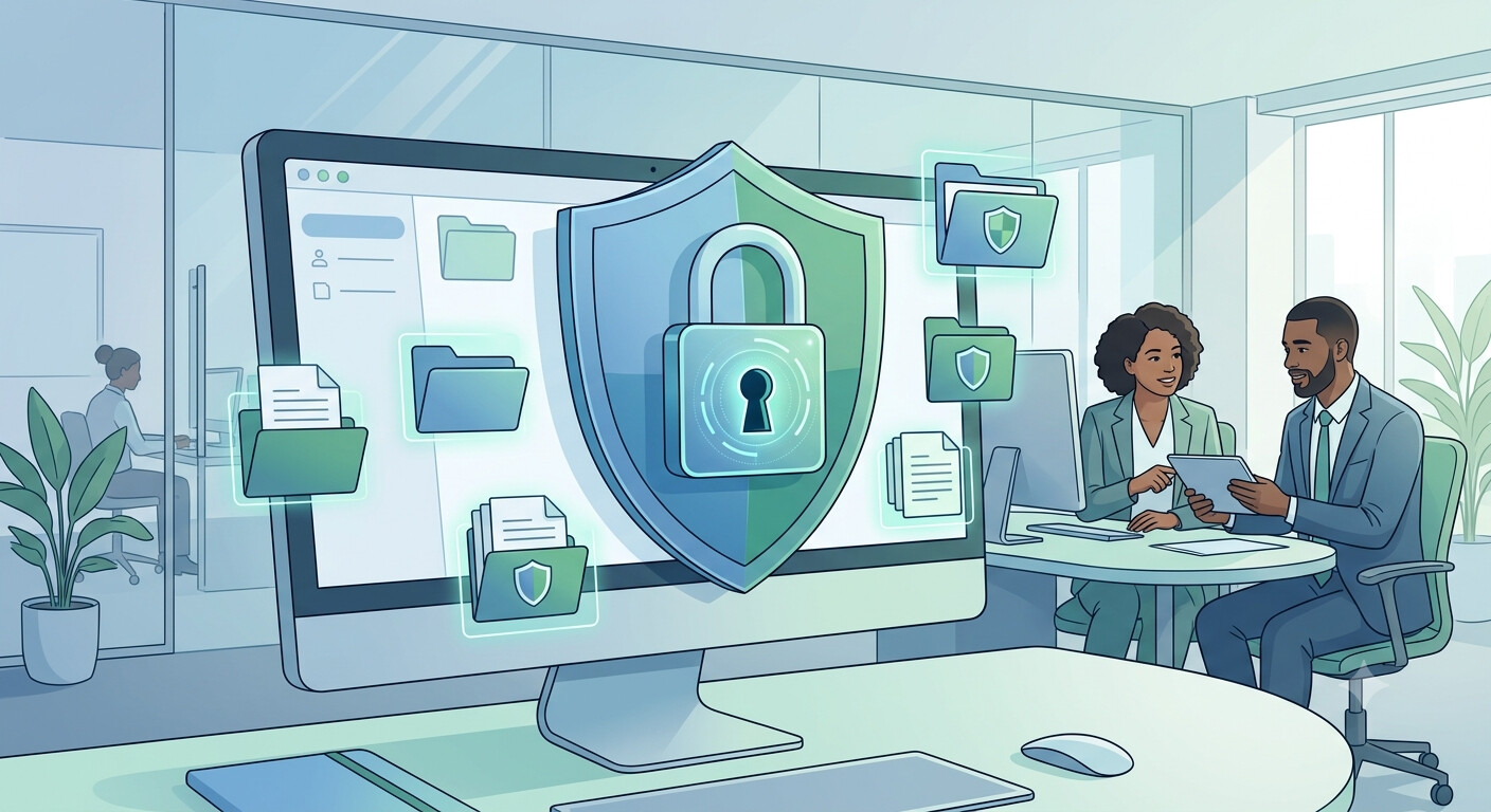 Ilustración de protección de datos y RGPD aplicada al uso de inteligencia artificial en gestorías con datos de clientes