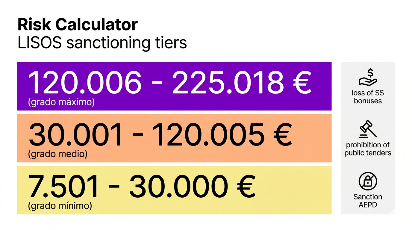 Calculadora visual de multas LISOS plan LGTBI gestorías 2026 con tramos sancionadores