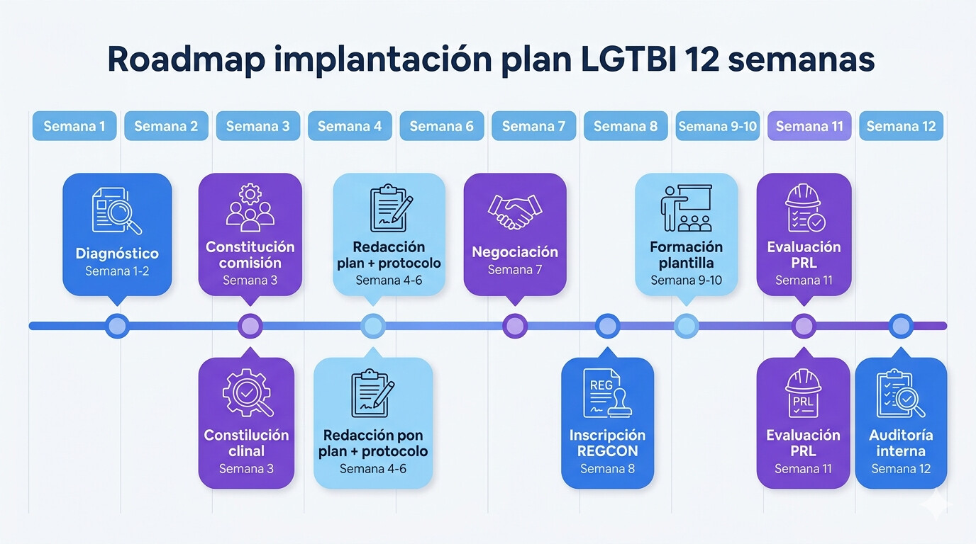 Cronograma de implantación plan LGTBI gestoría en 12 semanas con hitos y entregables