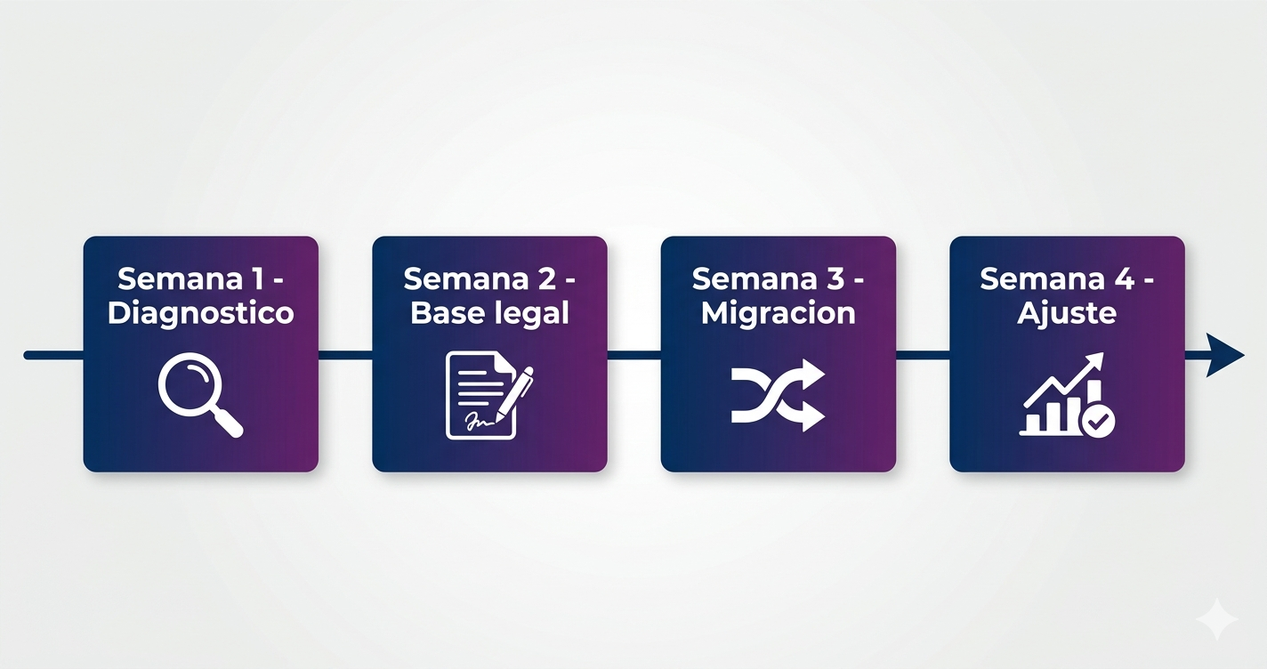 Línea de tiempo visual de 30 días con las semanas de migración desde WhatsApp personal a portal cliente digital con chat IA para gestorías