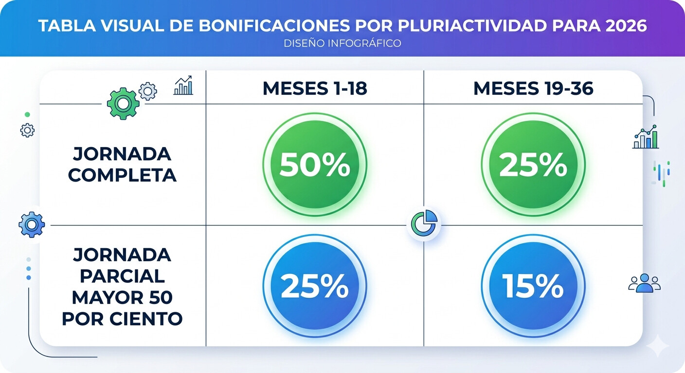 Tabla de bonificaciones por pluriactividad 2026: porcentajes de reducción base mínima para jornada completa y parcial en los primeros 36 meses