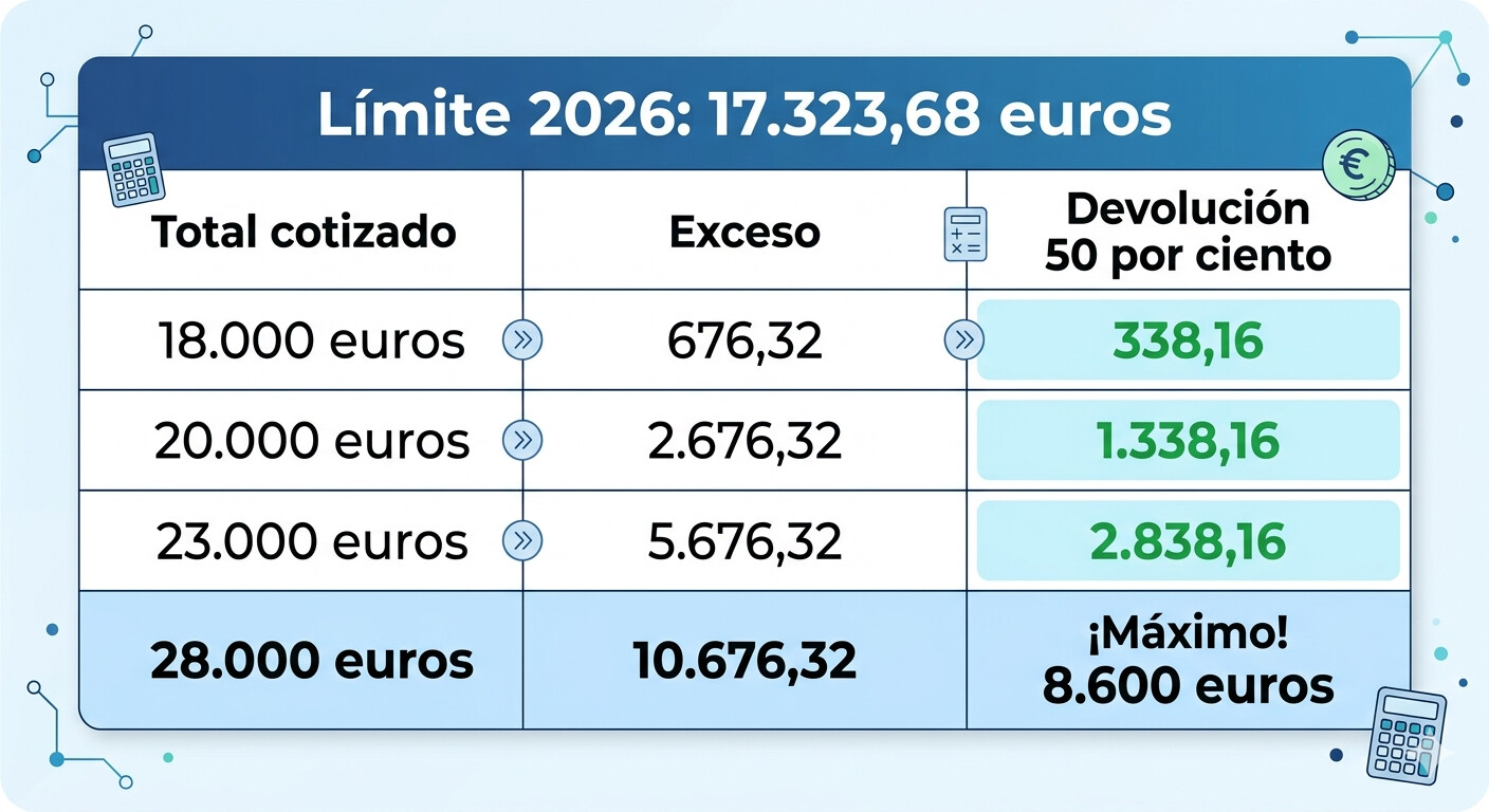 Tabla de cálculo de devolución por exceso de cotización en pluriactividad 2026 por niveles de ingresos con ejemplos concretos