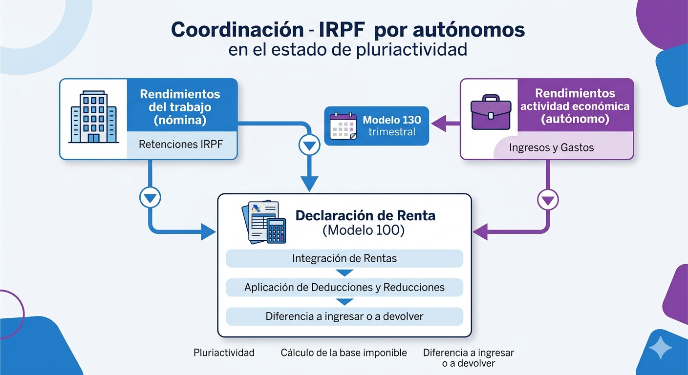 Esquema de coordinación IRPF para autónomos en pluriactividad: cómo interactúan el Modelo 130 trimestral con las retenciones del empleo por cuenta ajena en la declaración de Renta