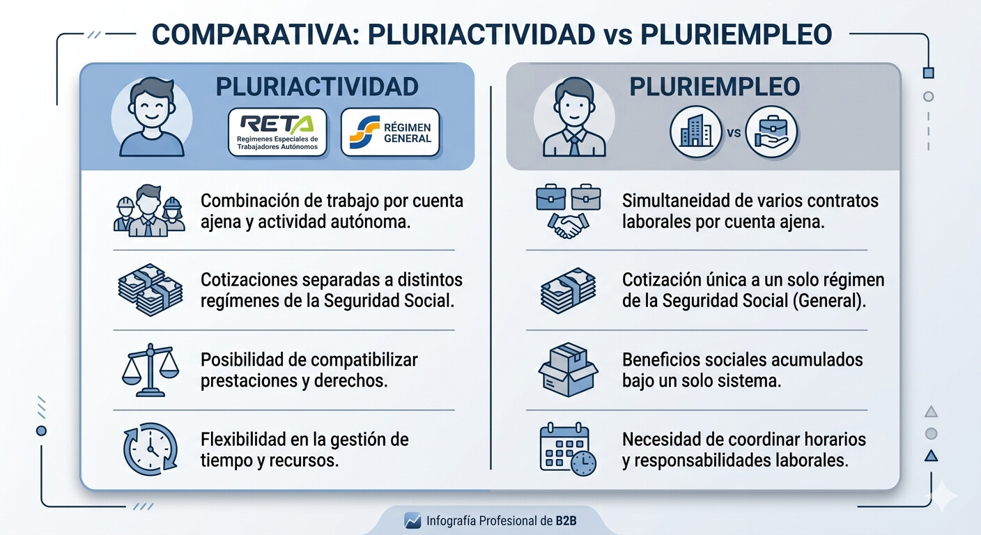 Tabla comparativa entre pluriactividad y pluriempleo: diferencias en régimen de cotización, bonificaciones disponibles y devolución de exceso